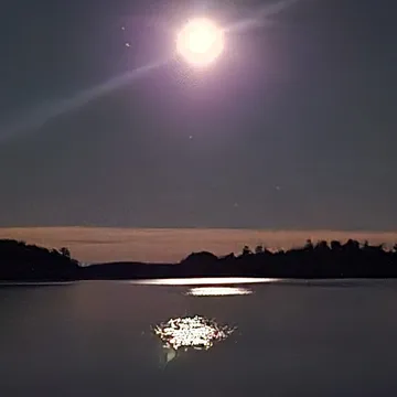 Moon rising over a lake at night